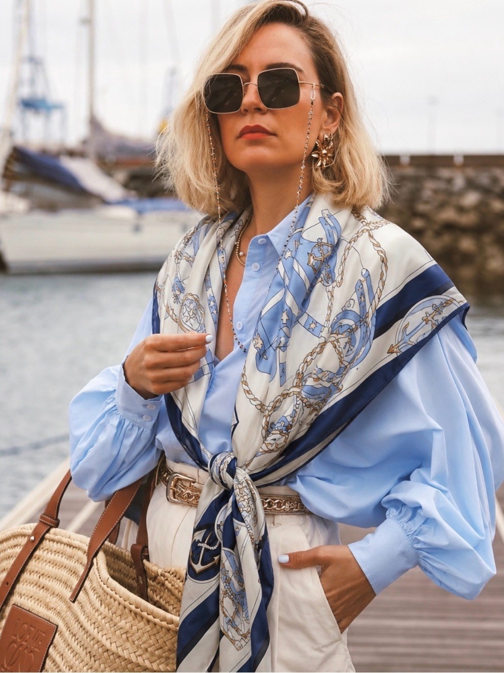 100% Silk Scarf Nautical Chain Print in Navy Light Blue Made in France