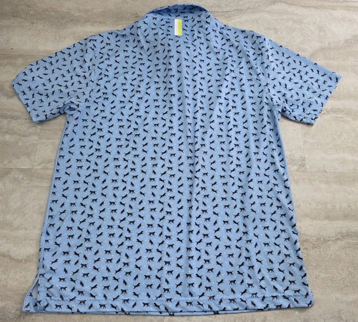 Rhoback Men’s Golf Polo Size Medium Blue All Over Dog Print Stretch Performance