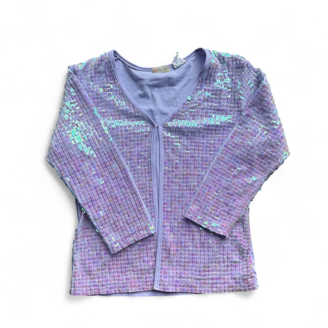 Lilac sequin cardigan with 3/4 sleeves and hook and eye closure