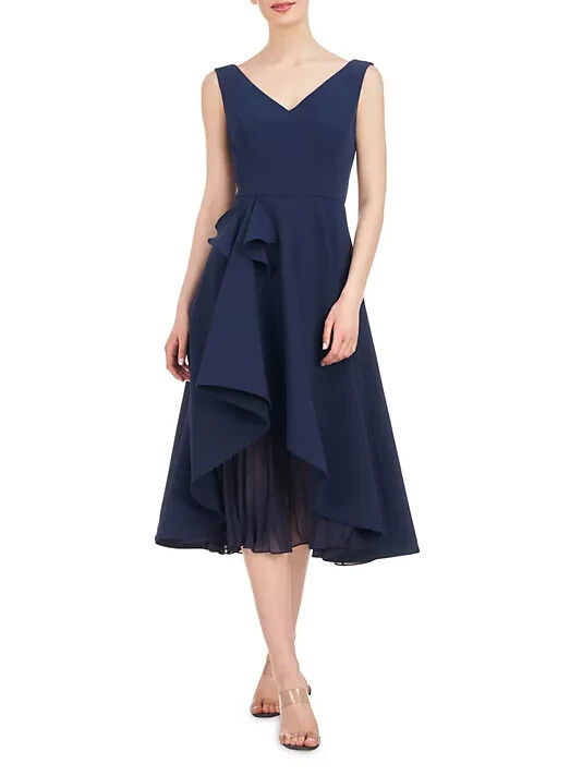 Kay Unger Midnight Blue Begonia Crepe & Chiffon Midi A-Line Dress Size 12 $298