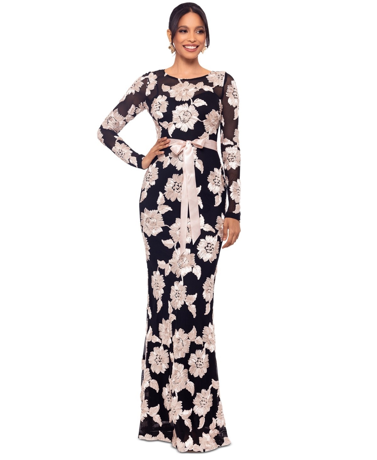 Betsy & Adam Women’s Embroidered Mesh Gown – Black/Champagne Size 6P NWT