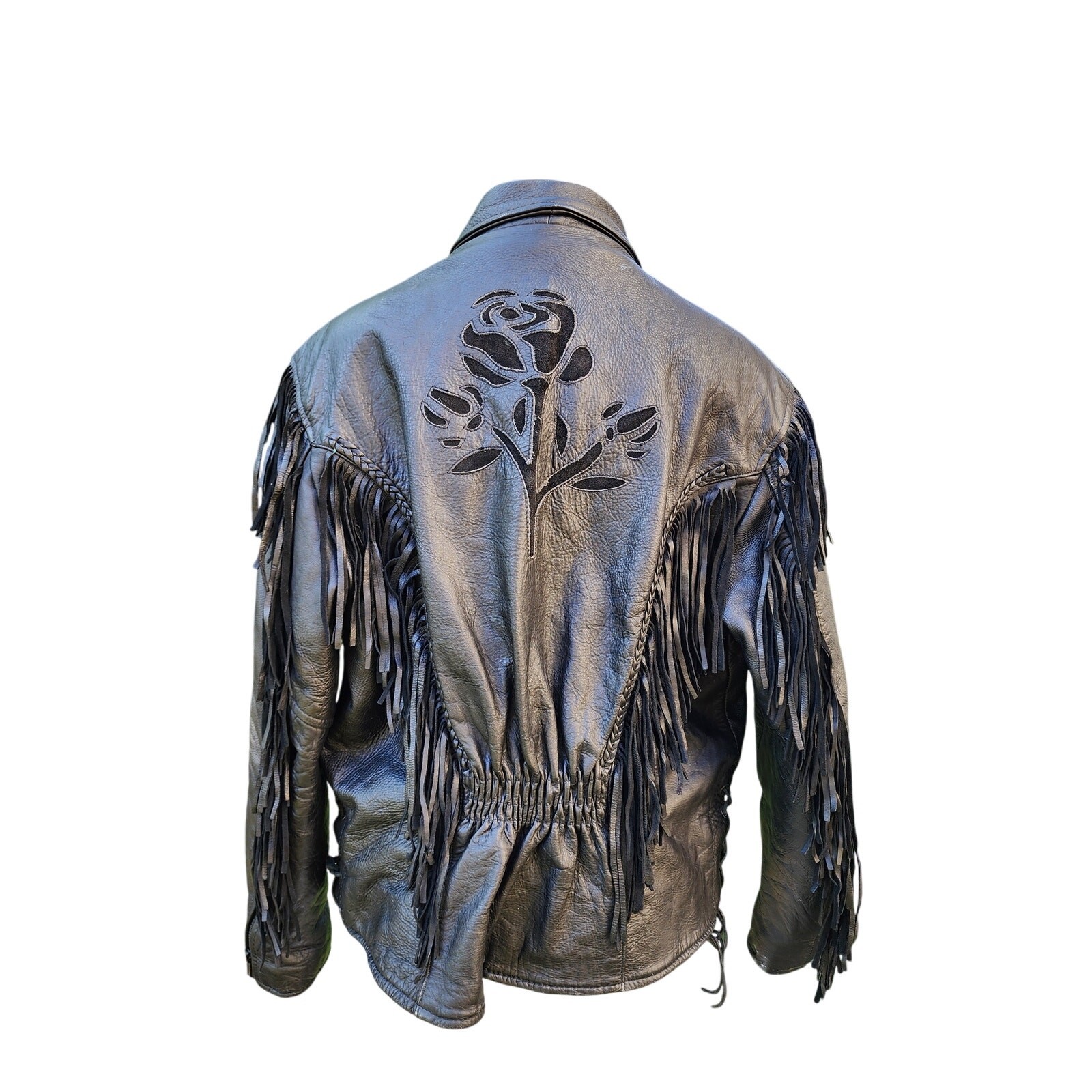 Vtg 90s Shaf Leather Fringe Biker Rose Punk Rock Motorcycle Gypsy Moto Jacket XL