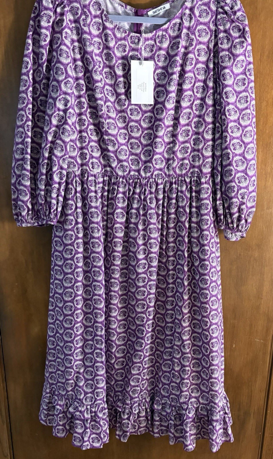 Batsheva Peasant Dress Purple Leaf Pattern Midi Ruffle Pockets Sz 10 NWT $450