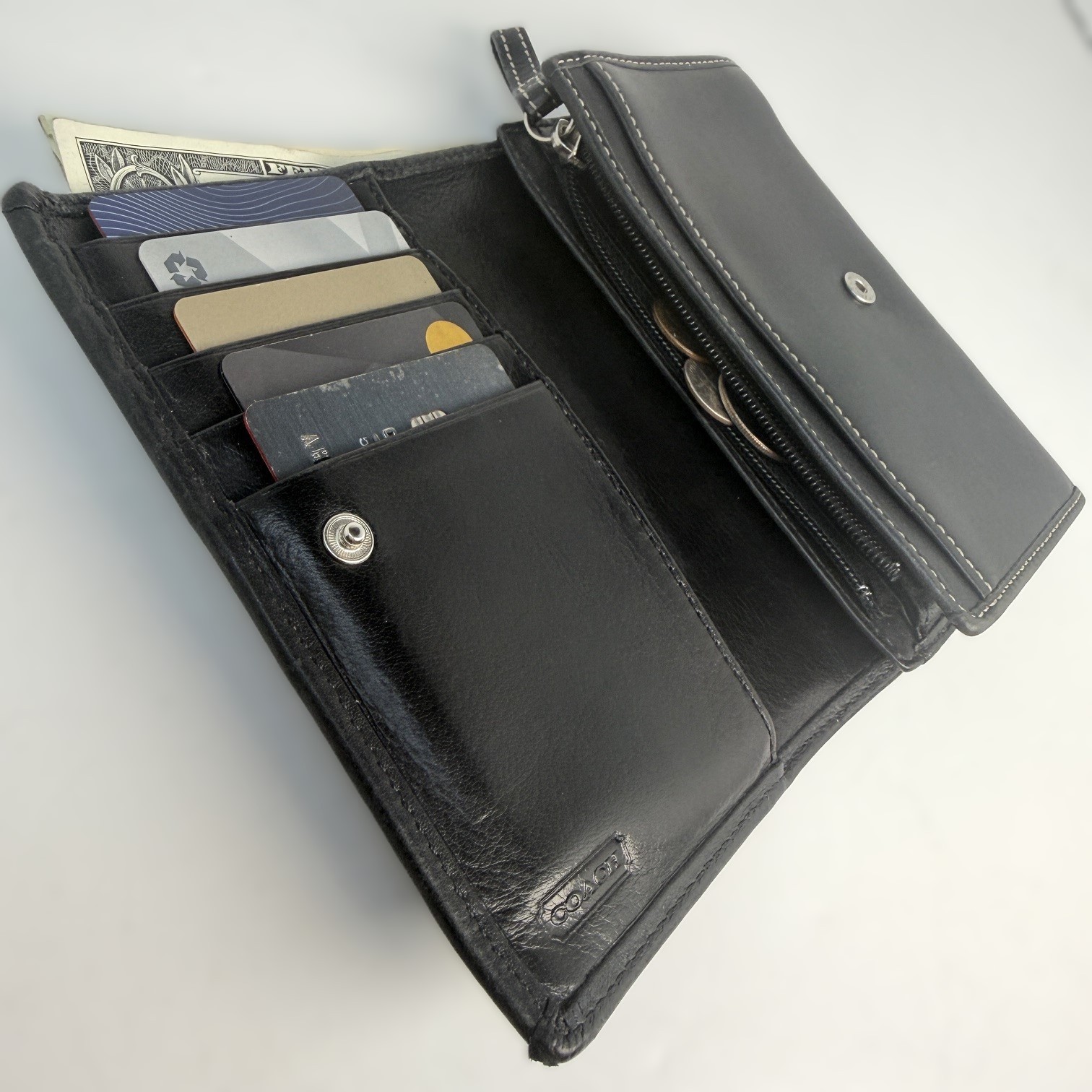 Coach Leatherware Black Leather Wallet Organizer White Stitch Zip Coin Holder