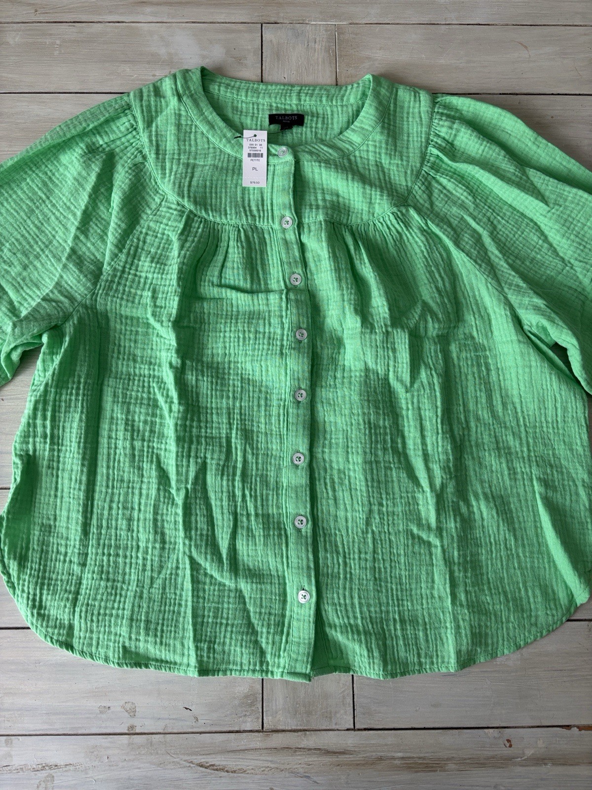 Talbots Petite NWT Green 100% Cotton Crinkly Gauze Blouse PL