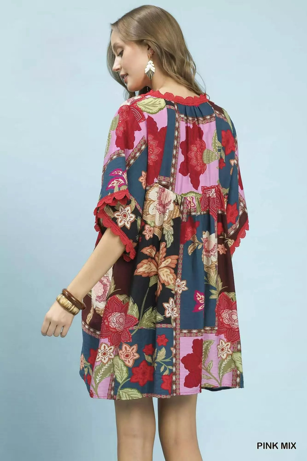 Umgee Abstract Print V-Neck Mini Dress