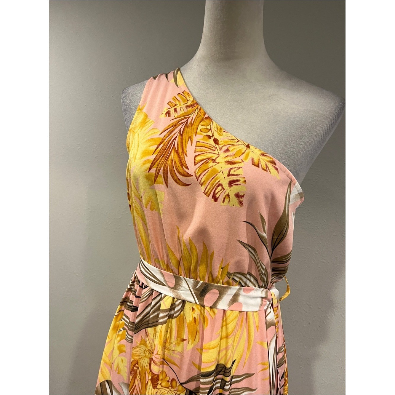 One-Shoulder Pink and Yellow Tropical Maxi Dress