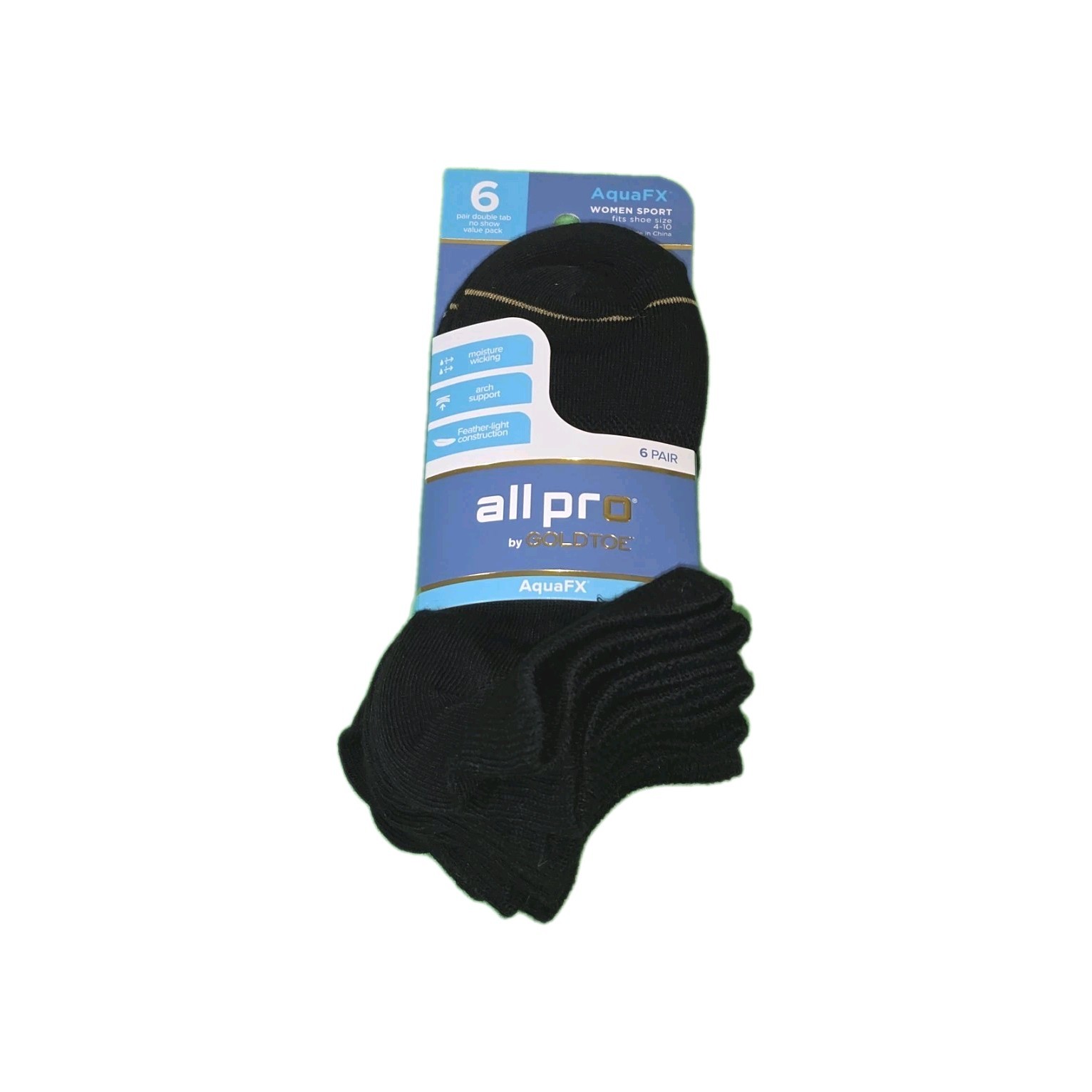 Gold Toe All Pro Womens No Show Socks 6 Pair Black AquaFX Moisture Wicking 9-11