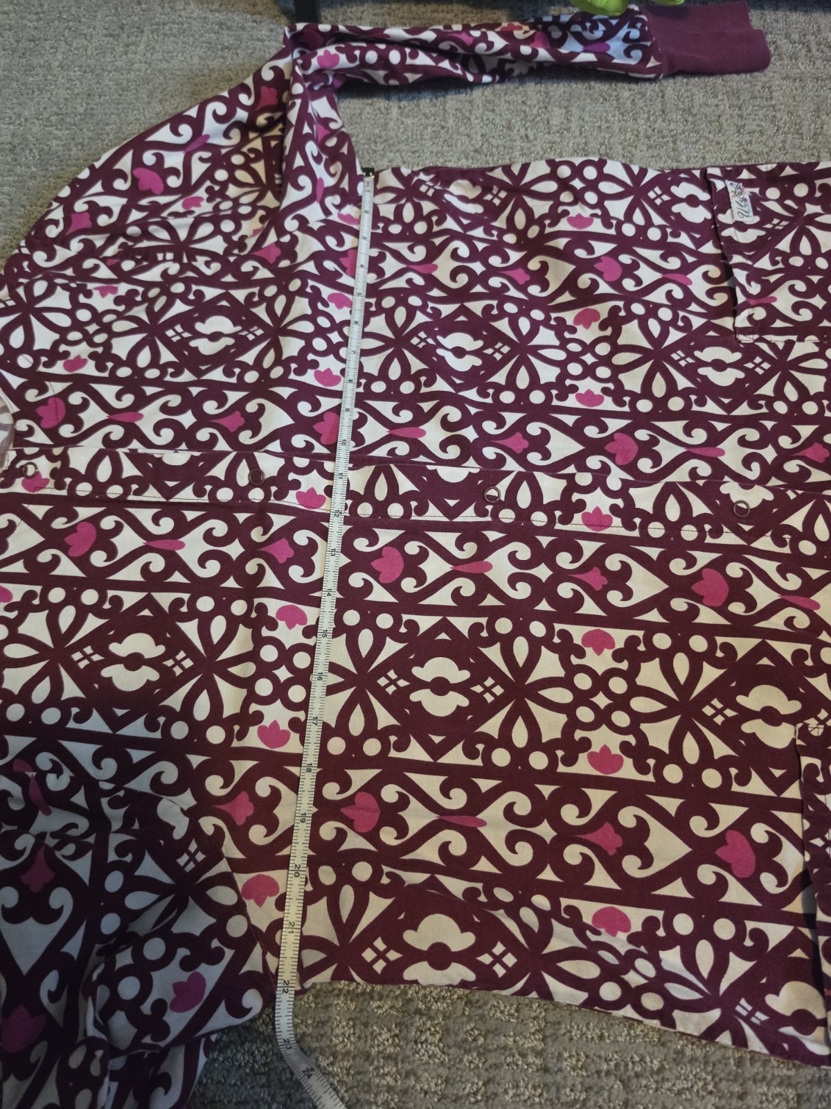 Maroon & Pink Damask Snap-Front Warm-Up Scrub Jacket: NURSING/ VET/ HEALTHCARE