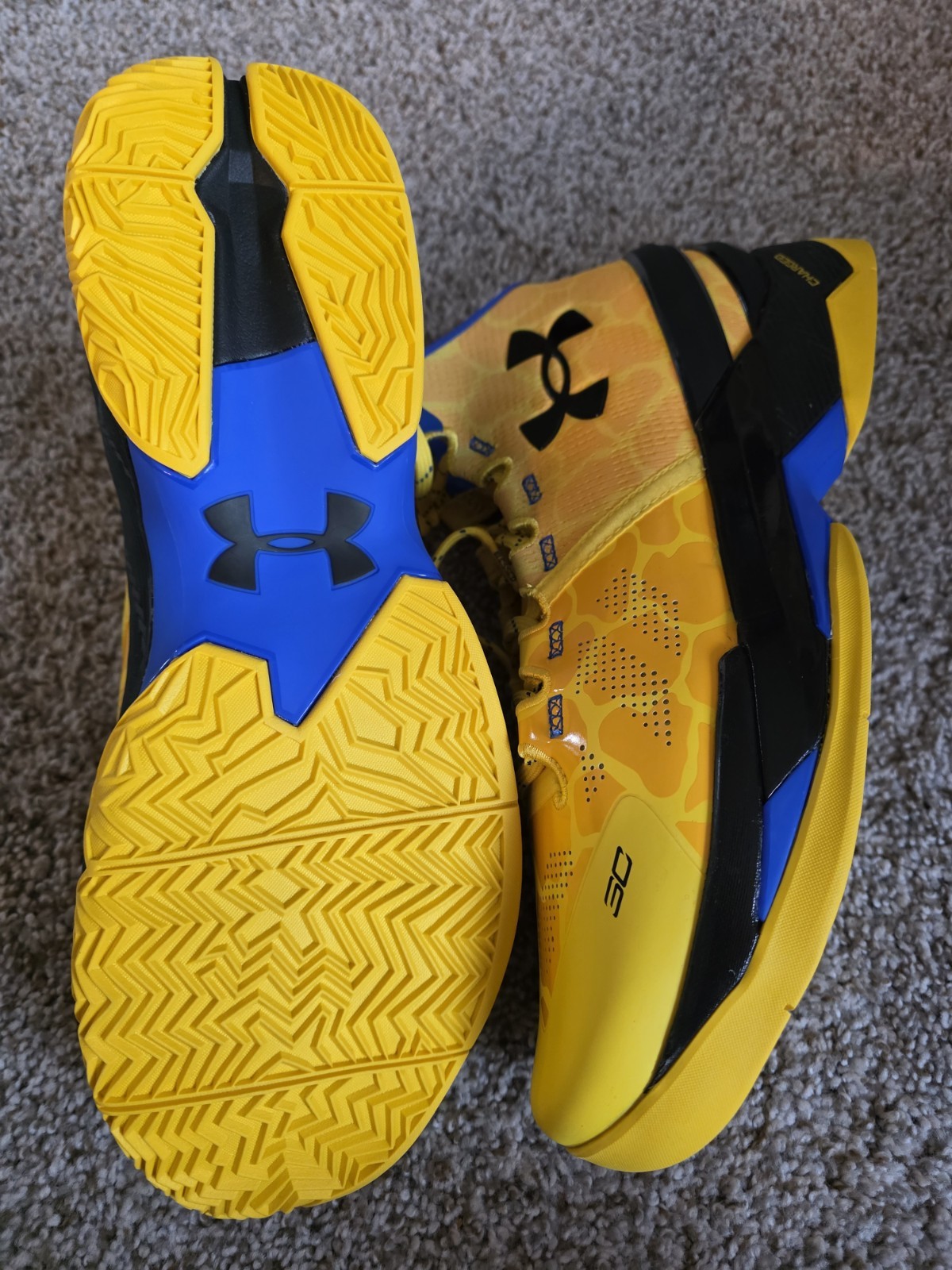Under Armour Curry 2 Double Bang Basketball Shoes Gold Blue 3026281-700 Mens 13