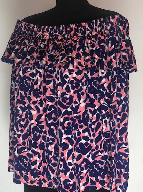 Leota Aurora Off the Shoulder Blouse Pink Blue White Peasant Top USA Large L