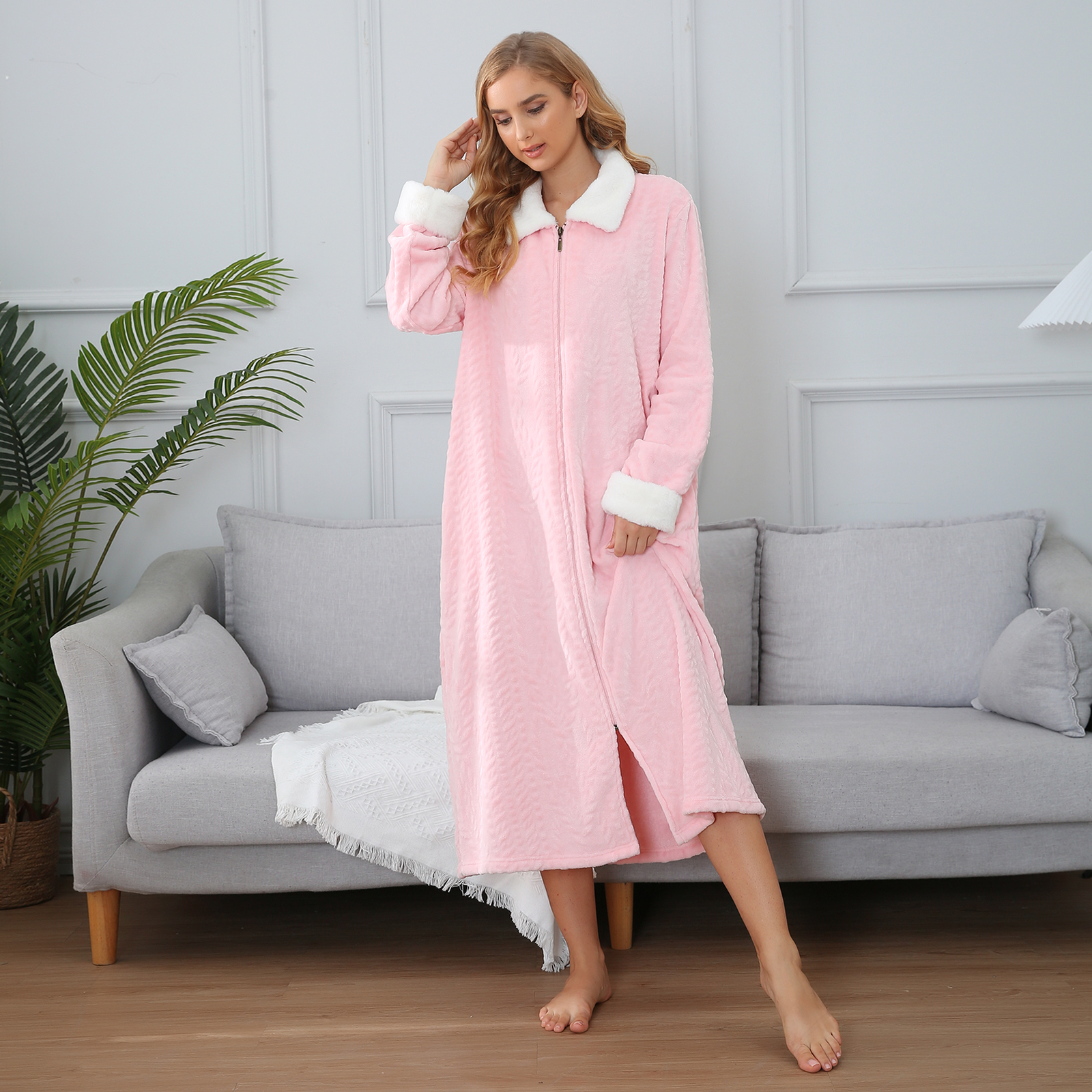 RH Women Fleece Robe Plush Long Zip Front Warm Soft Zippered Bathrobes RHW4047