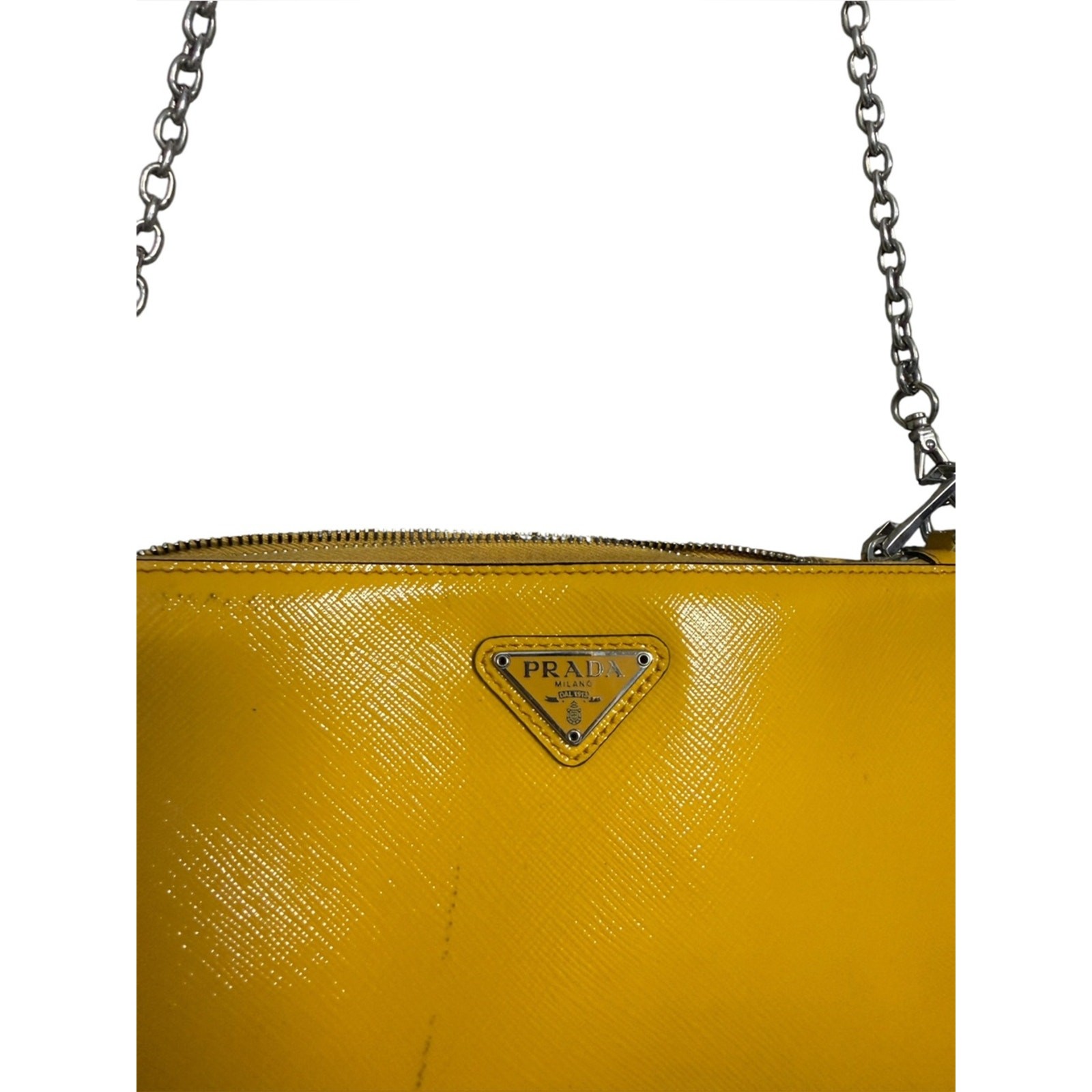 Prada Saffiano Vernice Yellow Patent Leather Triangle Logo Crossbody Bag