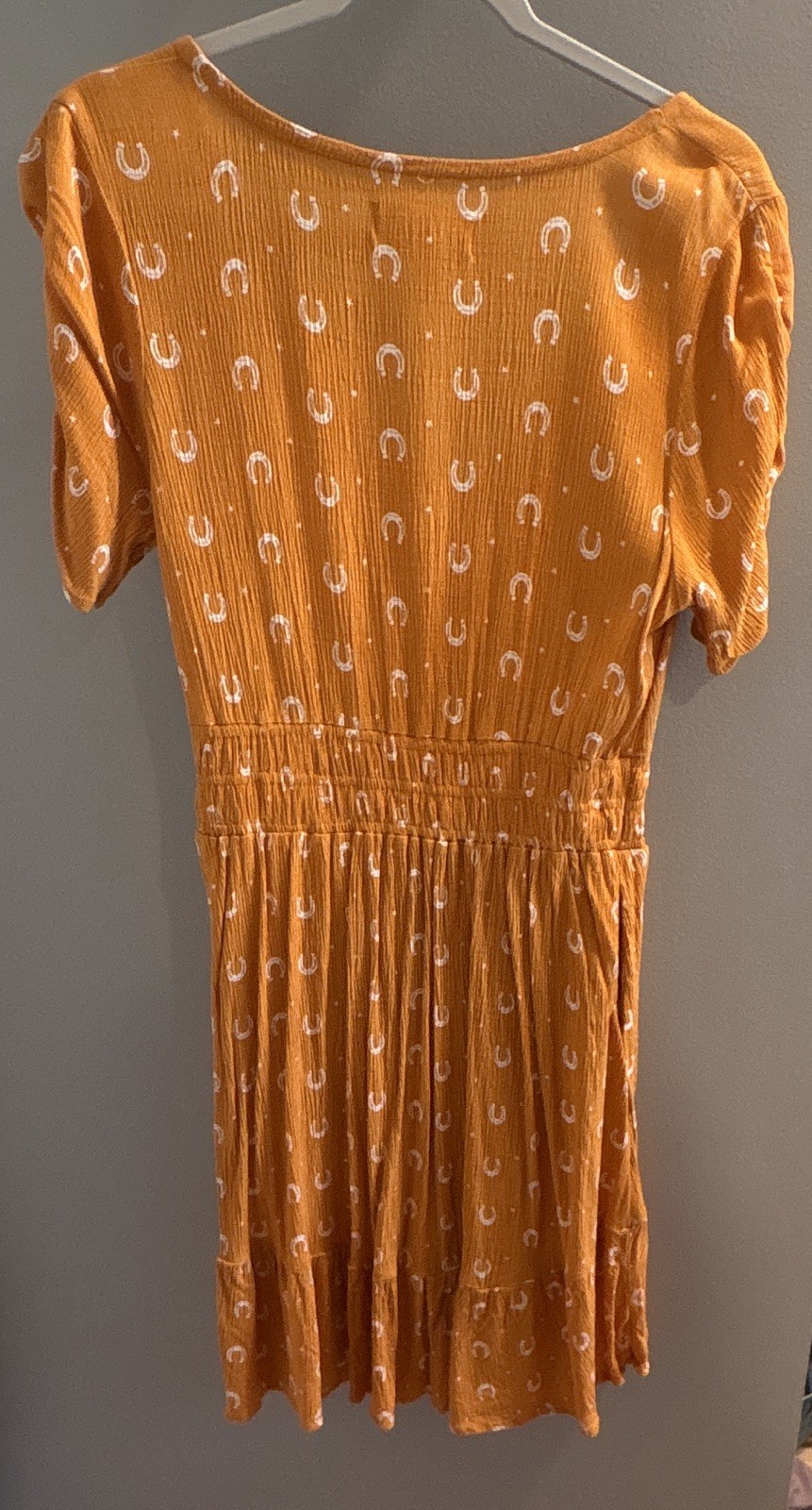 Idyllwind Women’s Orange Horseshoe V-Neck Puff Sleeve Fit & Flare Dress M