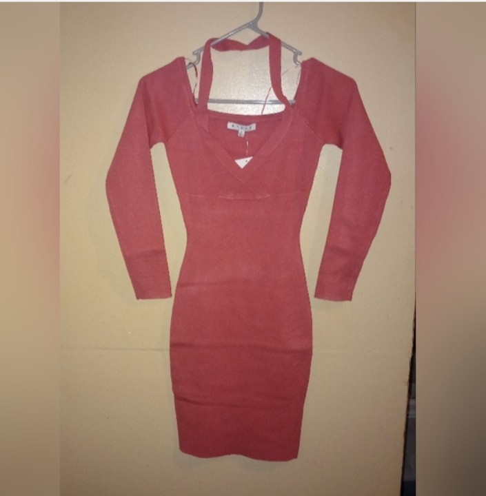 NWT Forever 21 Red Ribbed Knit V-Neck Long Sleeve Bodycon Dress Size S