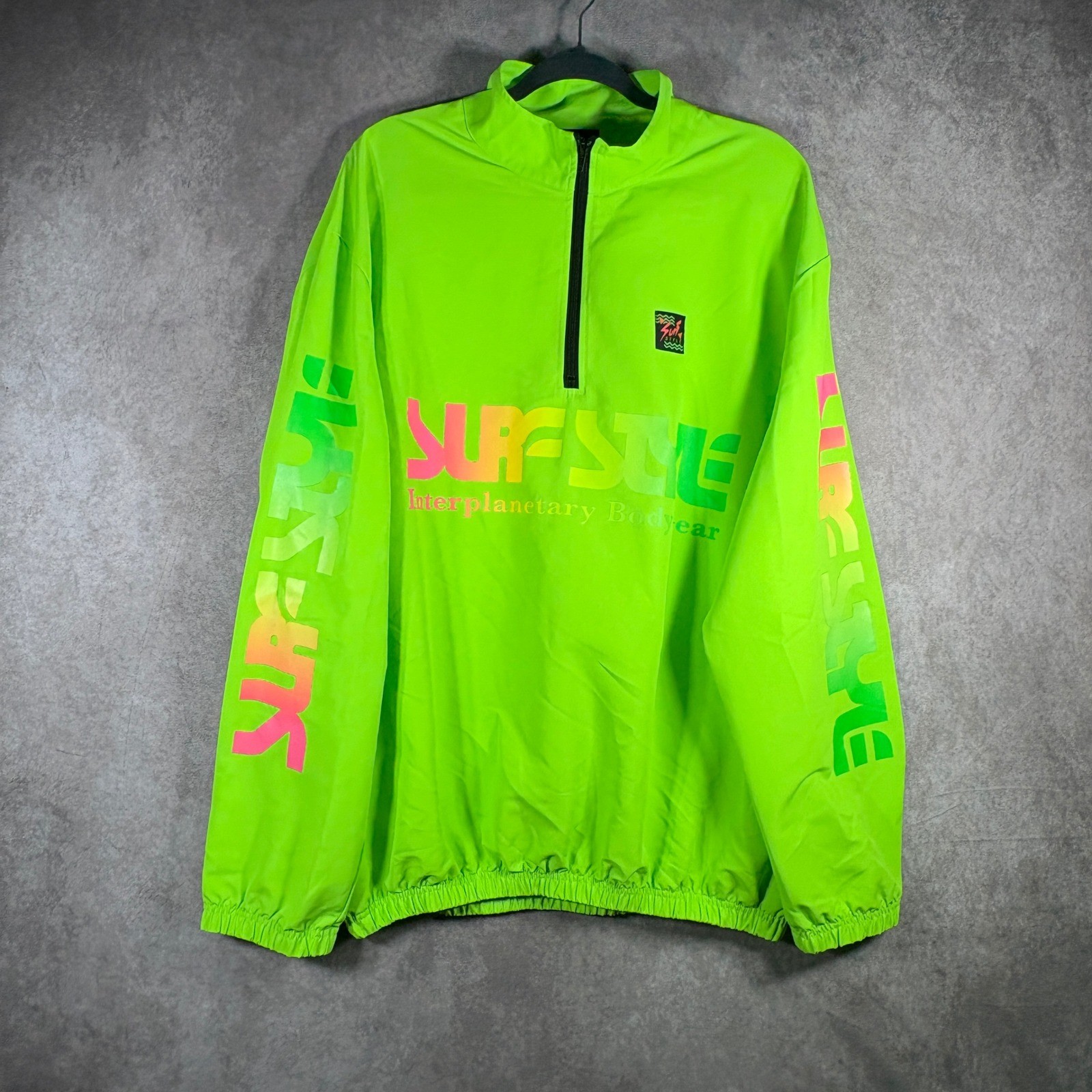 Surf Style Windbreaker Mens XL Neon Green Interplanetary Bodywear 1/4 Zip 90s