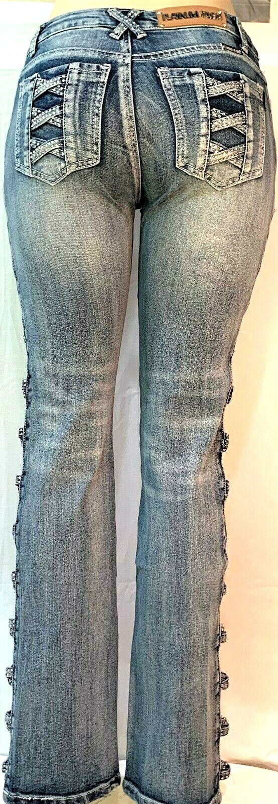 PLATINUM PLUSH OPEN LEG X DESIGN RHINESTONE DENIM BOOT CUT JEANS STYLE #4009
