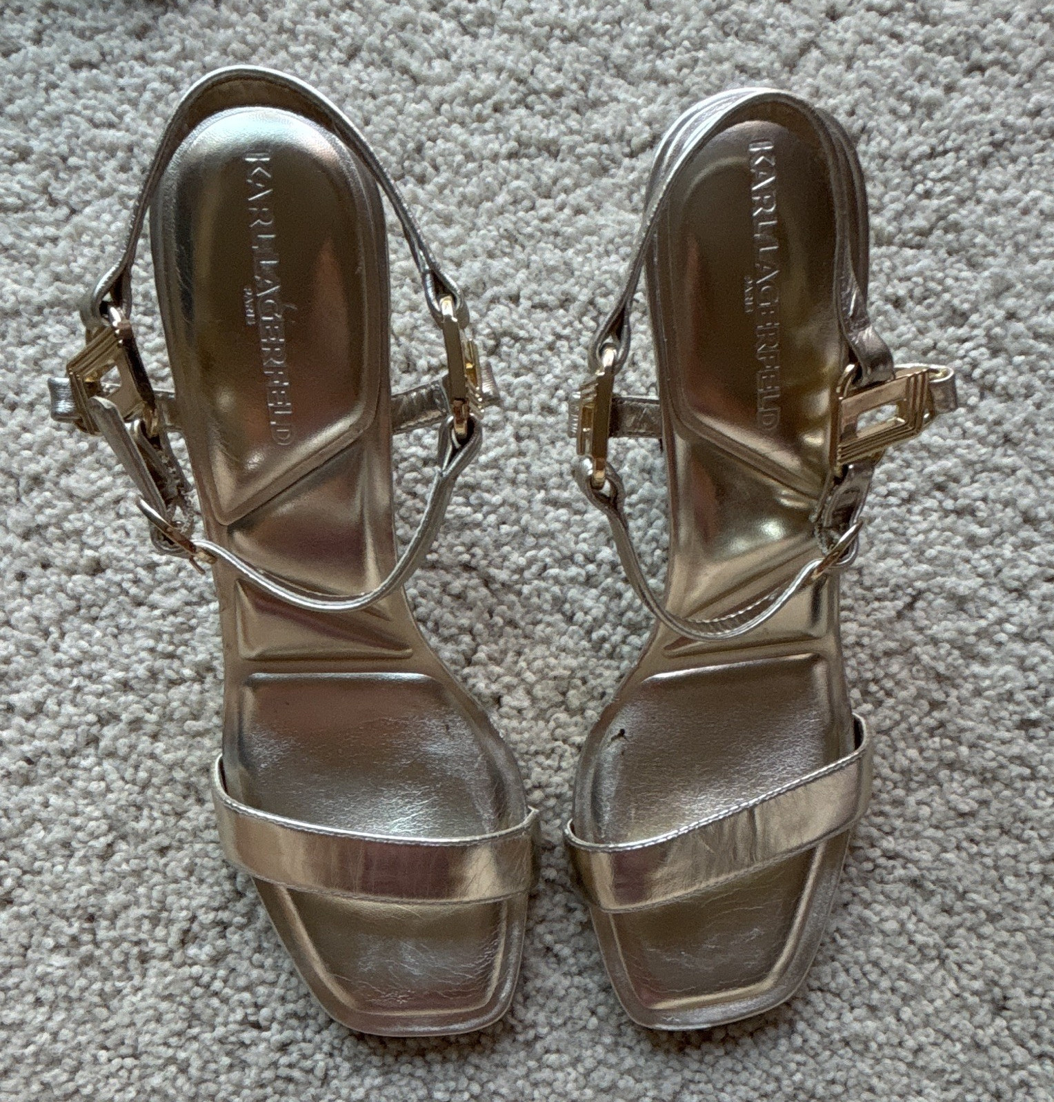 KARL LAGERFELD PARIS Women’s Silver Strappy Open Toe Heels US 8.5