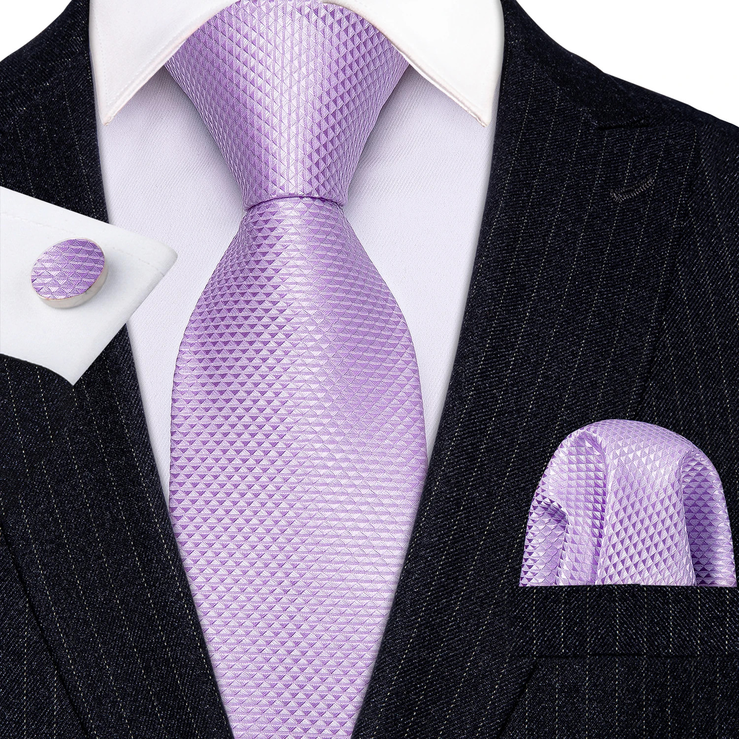 Silk Jacquard Tie Set Floral Violet Necktie Hanky Cufflinks Wedding Men’s Ties