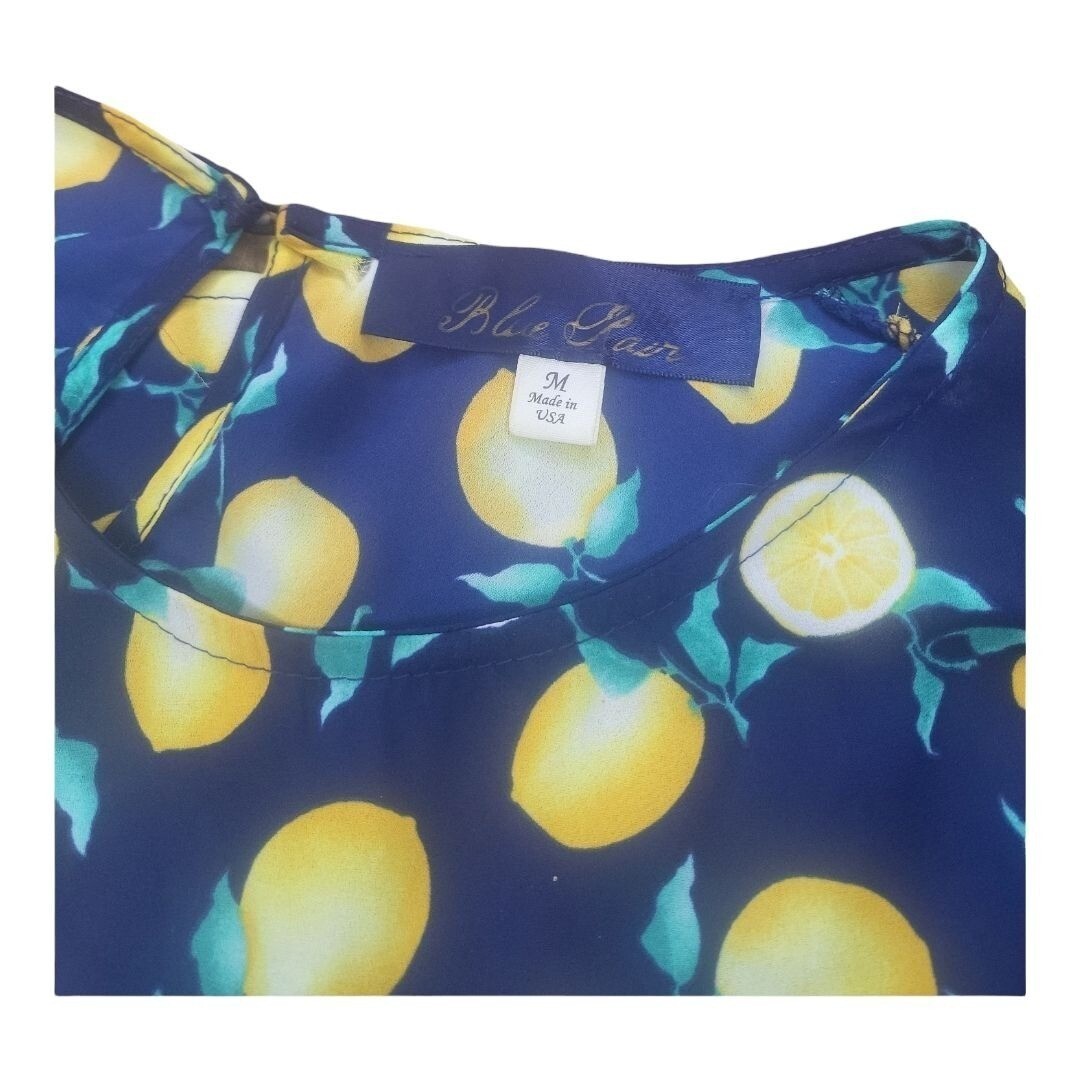 Blue Pair Womens Medium Blouse Navy Lemon Print Cold Shoulder Top Made in USA