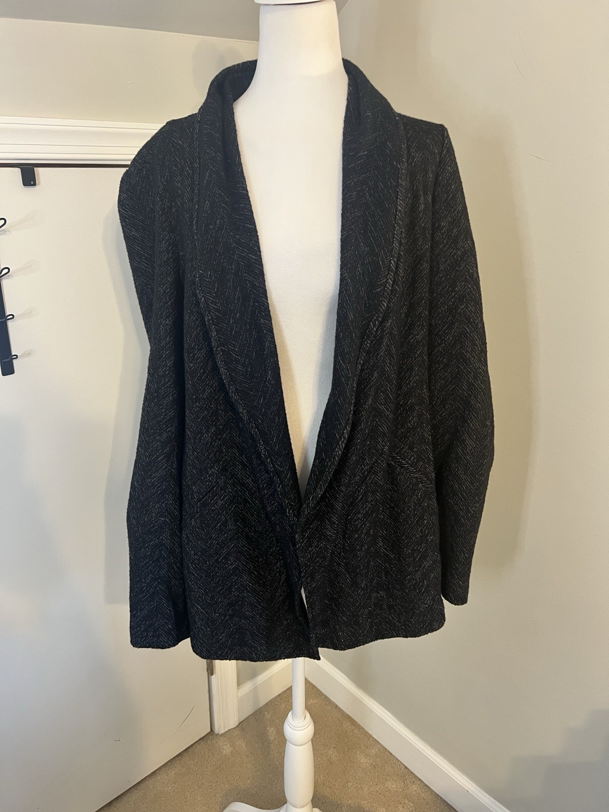 Eileen Fisher Herringbone Gray And Black Black Wool Blend Blazer Jacket Large