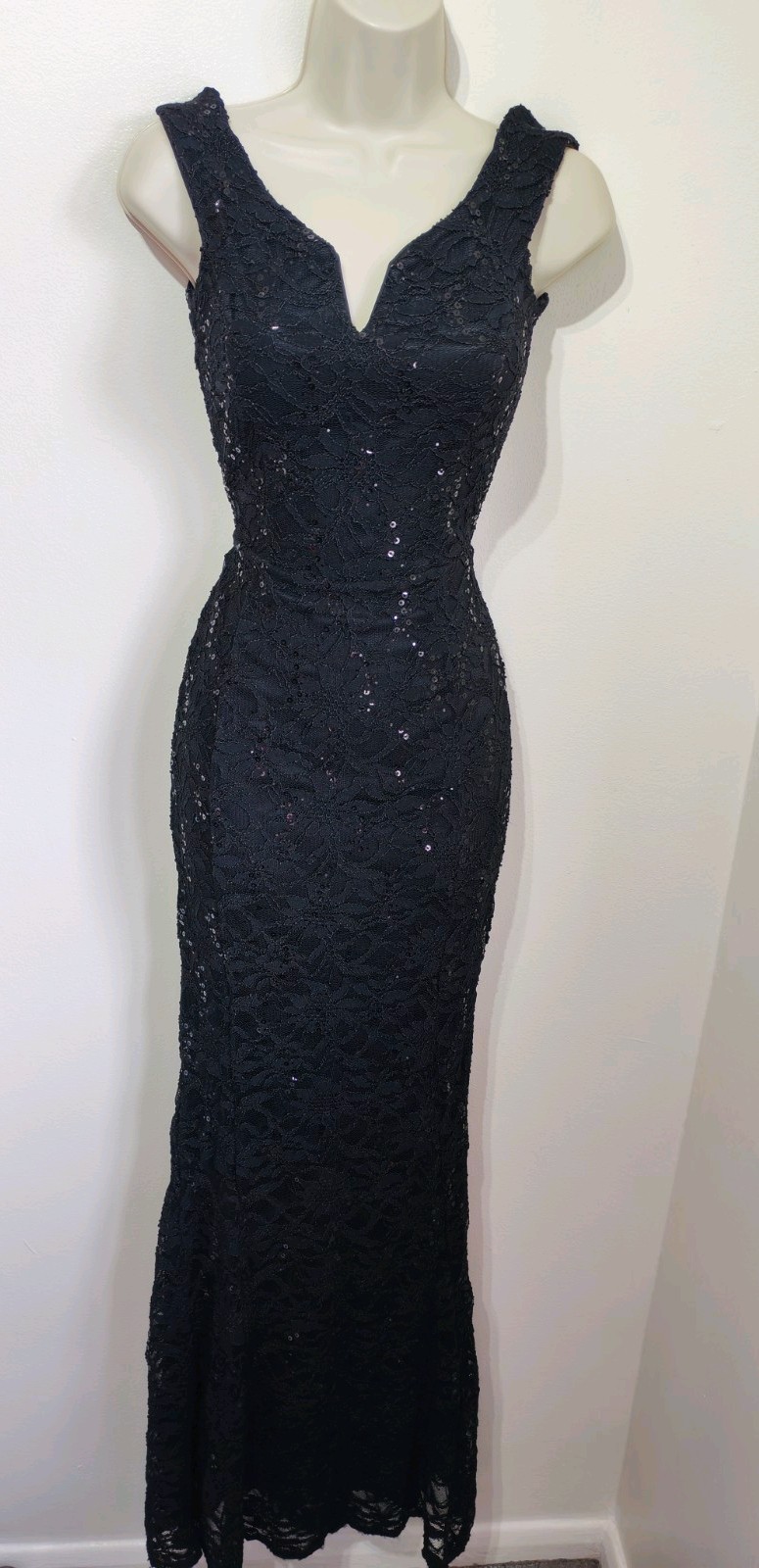 Quiz Black Sequin Lace Fishtail Long Maxi Dress 6 8 Prom Cruise Black Tie