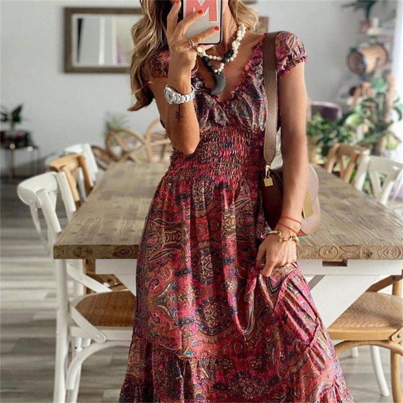 Women’s Sundress Neck Beach Boho Summer Maxi Holiday Dress V Ladies Floral