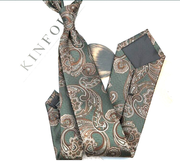 New Classic Paisley Green Brown JACQUARD WOVEN 100% Silk Men’s Necktie Tie