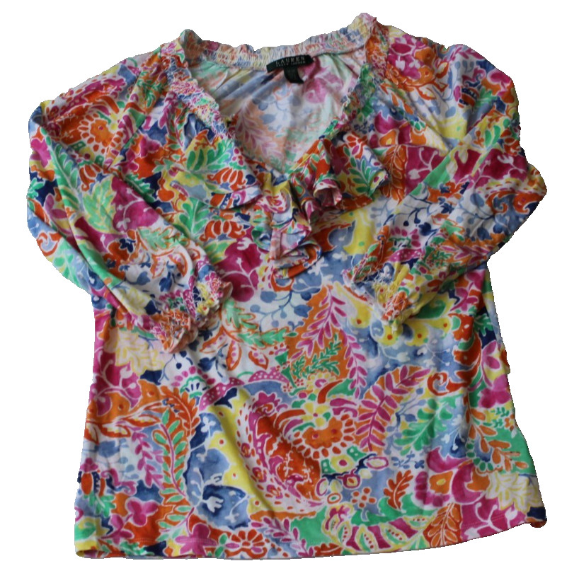 Lauren Ralph Lauren Ruffled Blouse Women’s Size M Floral Print 3/4 Sleeve VTG