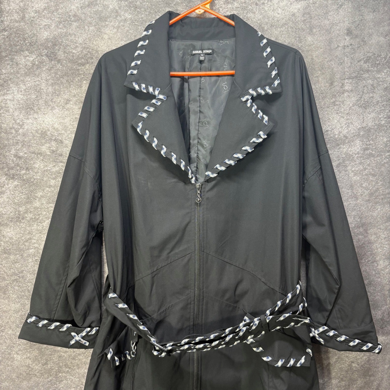 Samuel Dong Trench Coat Women’s XL Black Gingham Ribbon Wrap Trim Belted