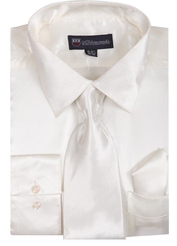 Men’s Shiny Satin Polyester Formal Dress Shirt w/ Tie and Hanky Set #08 Solid