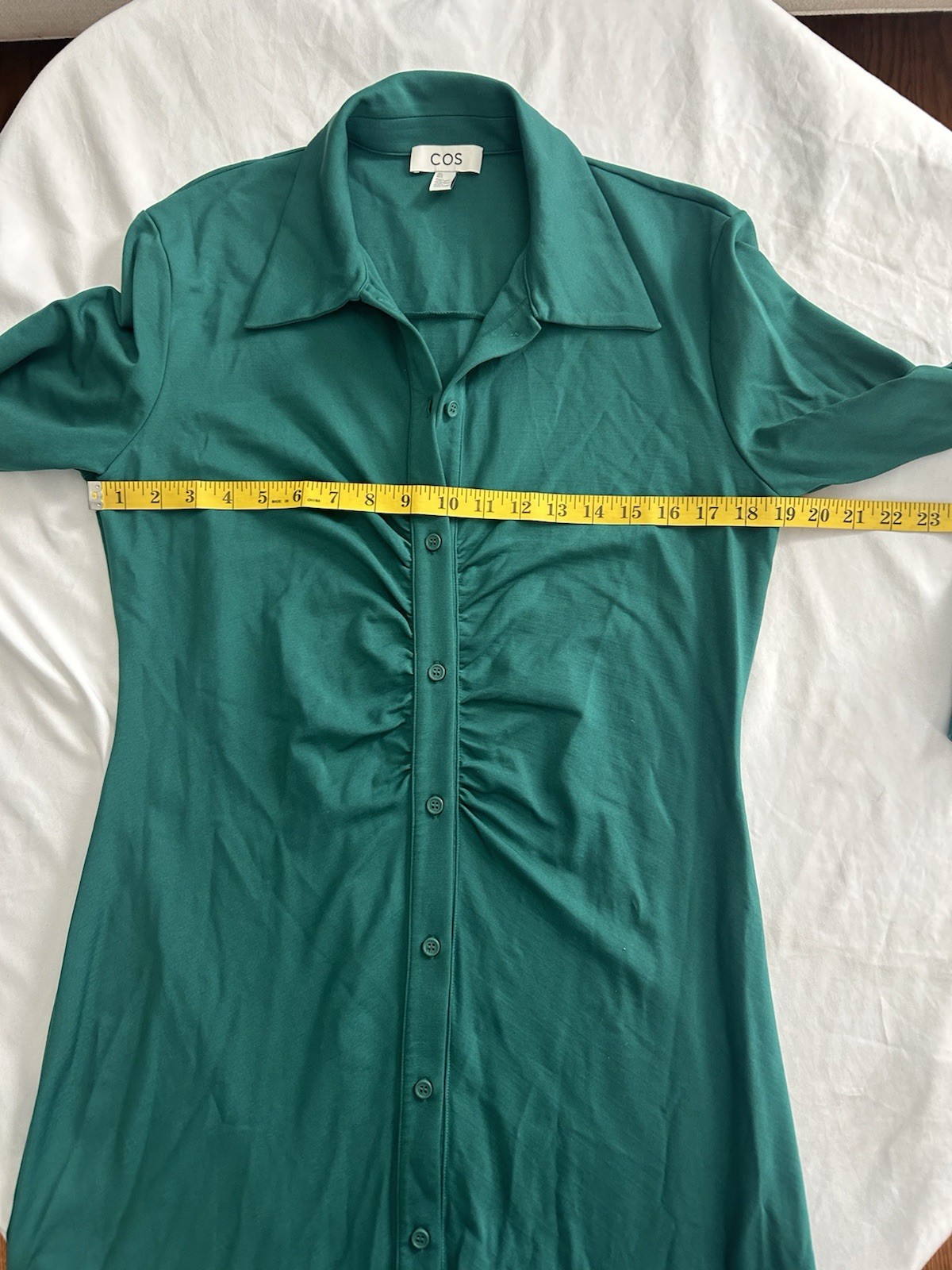COS Ruched Button Front Collared Midi Sheath Dress Womens Size Large Green Class