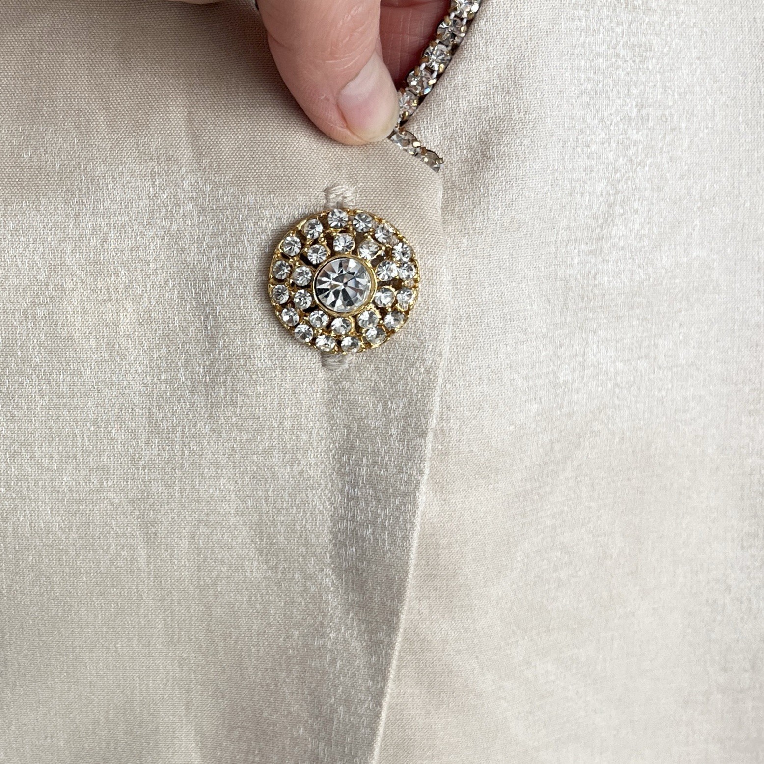 Vintage Cachet Blazer Jacket Beige Tan One Button Rhinestone Satin USA Made 6