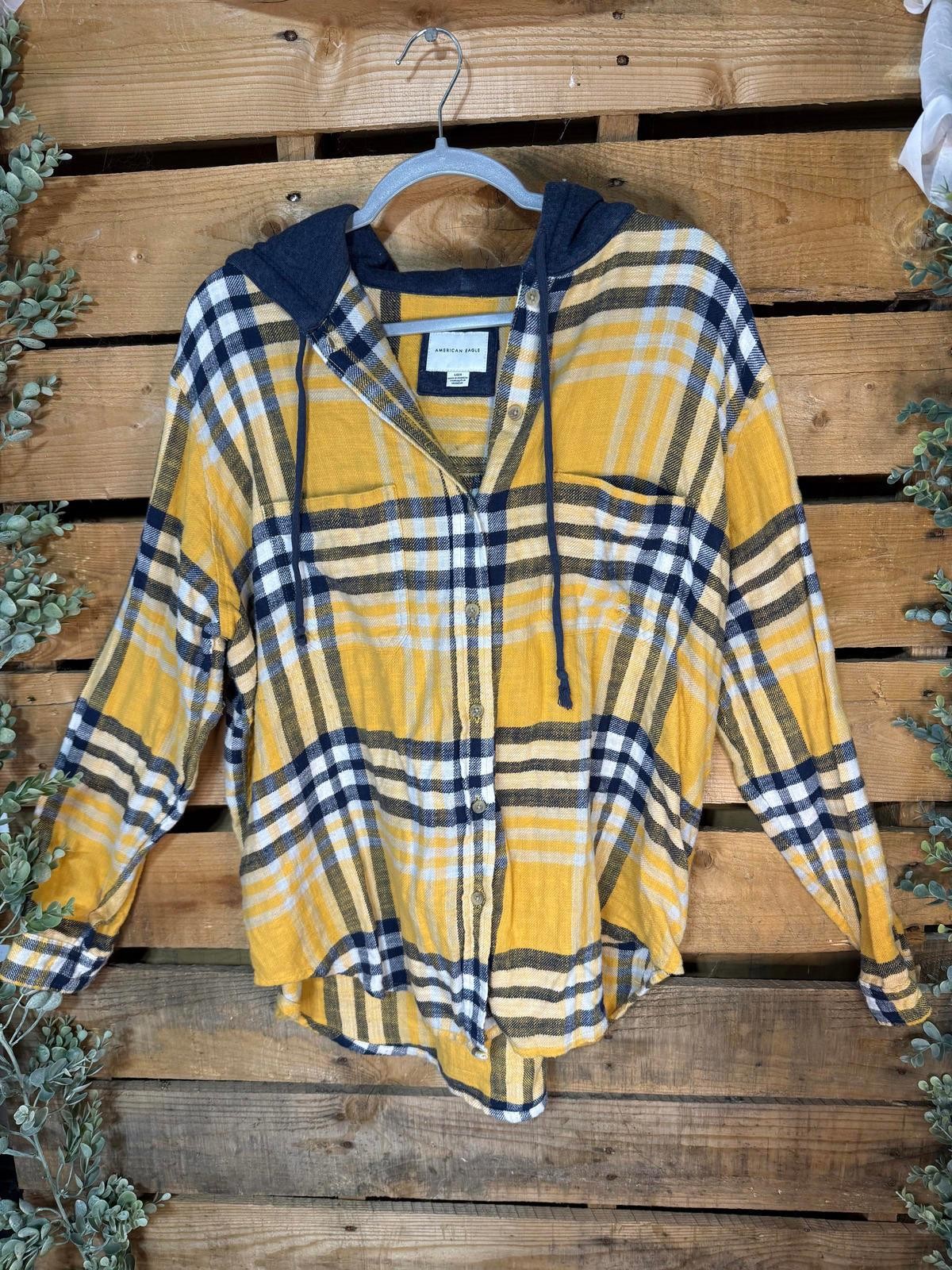 American Eagle Yellow Plaid Hooded Button-Up Shirt