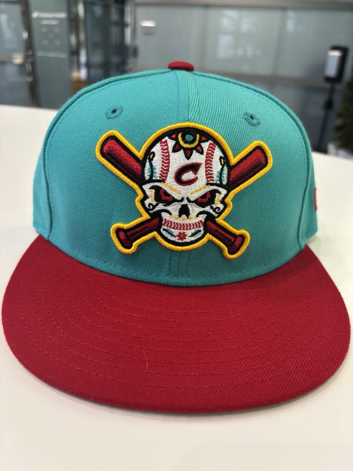 MILB New Era Teal/Red Fitted Baseball Cap Hat, Skull Graphic, Men’s Size 7