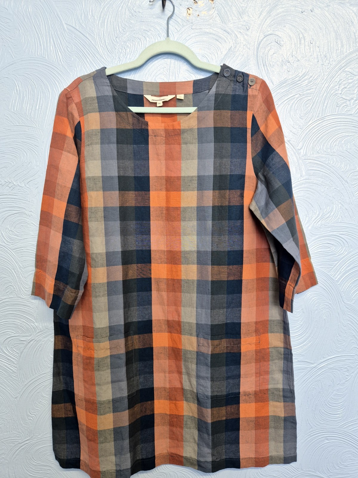 Seasalt Tunic Size 14 Check Pattern Linen Blend Glowing Skies Dress Orange Navy