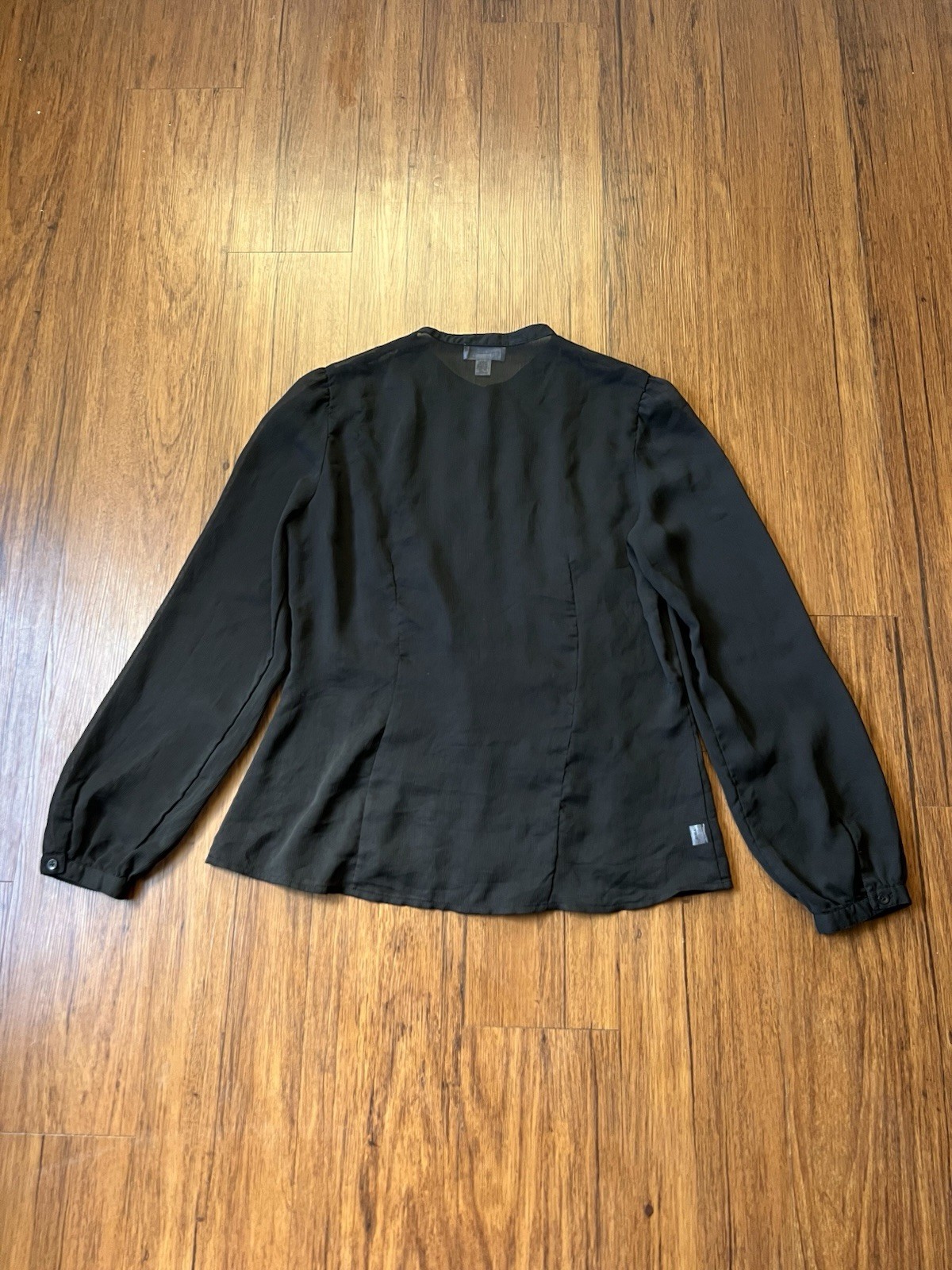 Ann Taylor LOFT Shirt Black Ruffle Balloon Sleeve Button Sheer Prairie Victorian