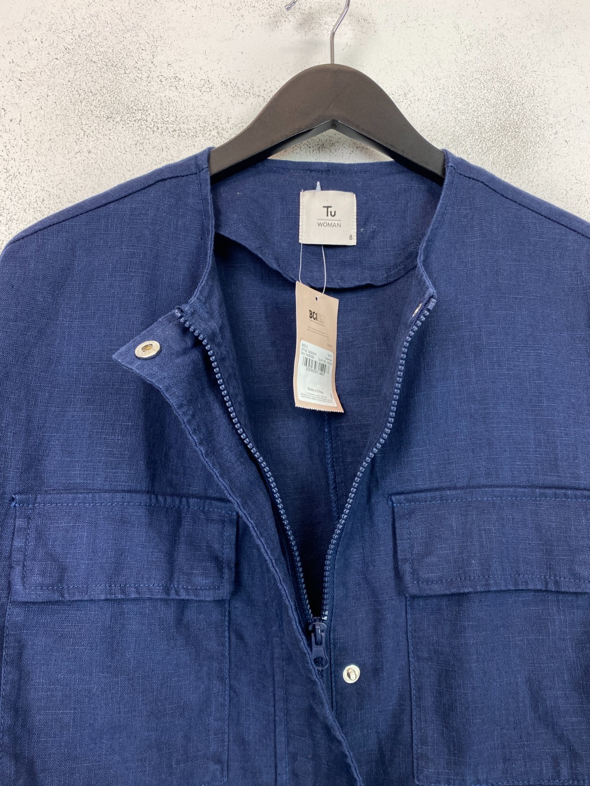 Tu Blue Plain Jacket Collarless Utility Zip Snap Button Pockets UK 8 NEW