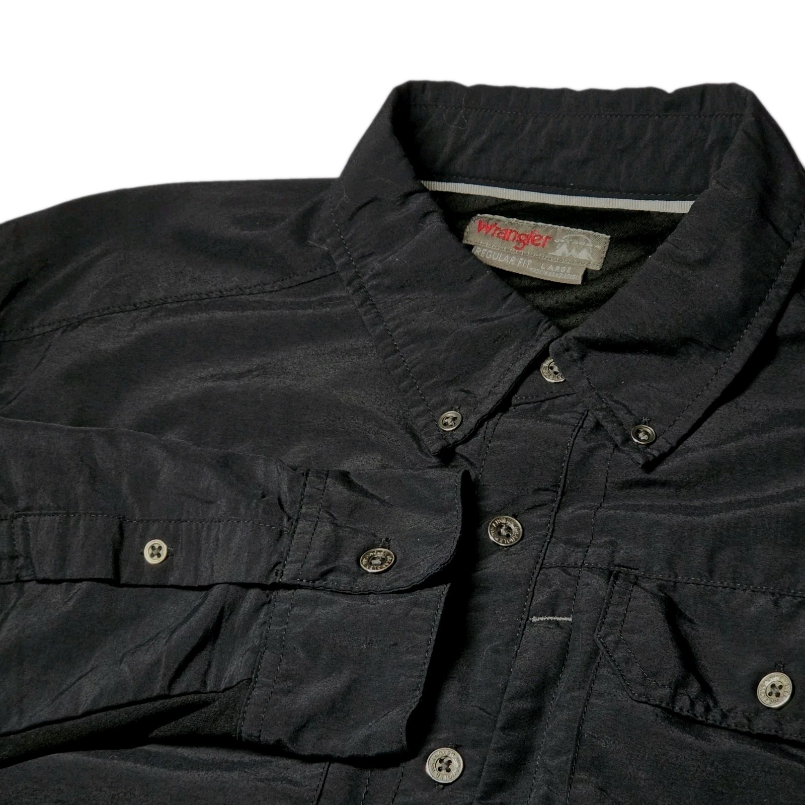 Wrangler ATG Mixed Material Button Up Shirt Mens Large Black Stretch Outdoor LS