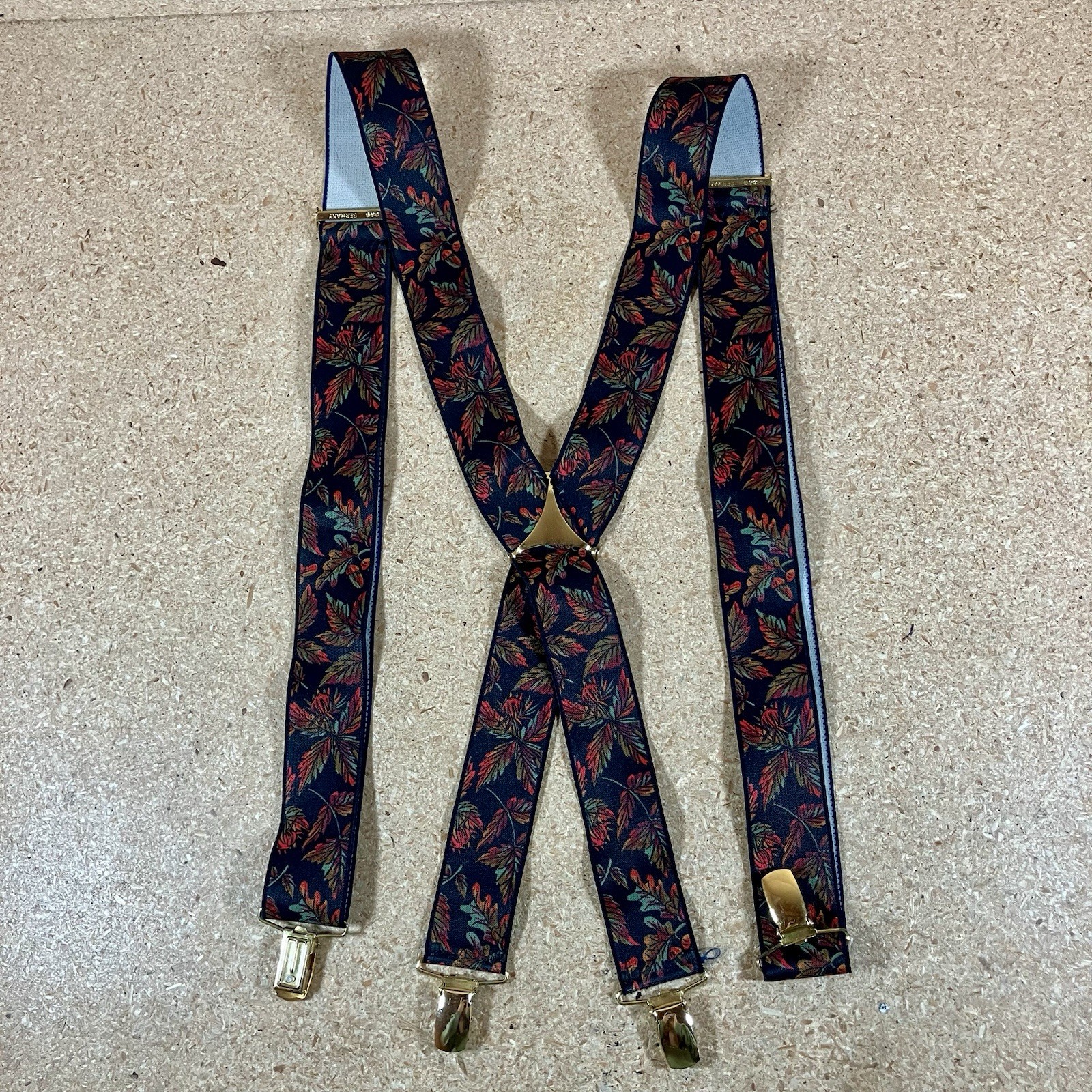 CAS West Germany Black Gold Tone Clip On Suspenders Stretch Autumn Fall Leaves
