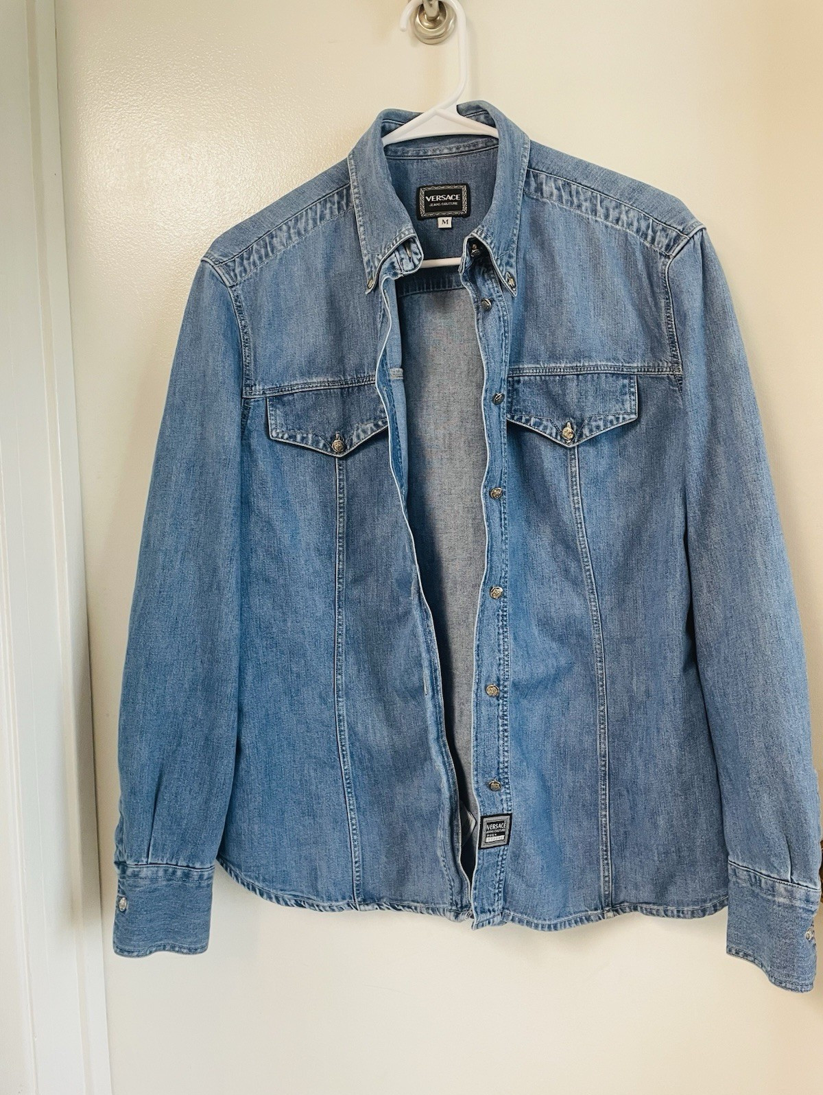 Versace Jeans Couture Blue Solid Cotton Denim Button-Up Shirt M Regular Pockets