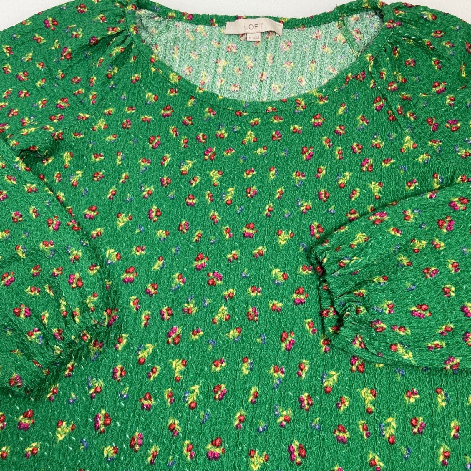 LOFT Womens Top Size S Green Floral Long Sleeve Textured Blouse Career