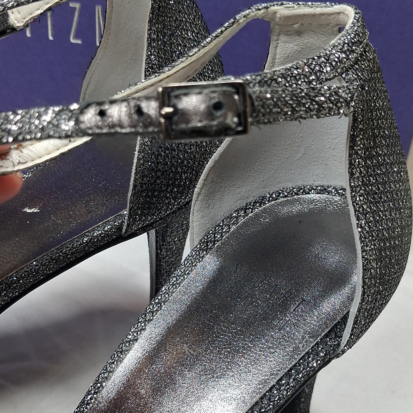 Stuart Weitzman Pewter Glitter Ankle Strap Stiletto Open Toe Heels 7B