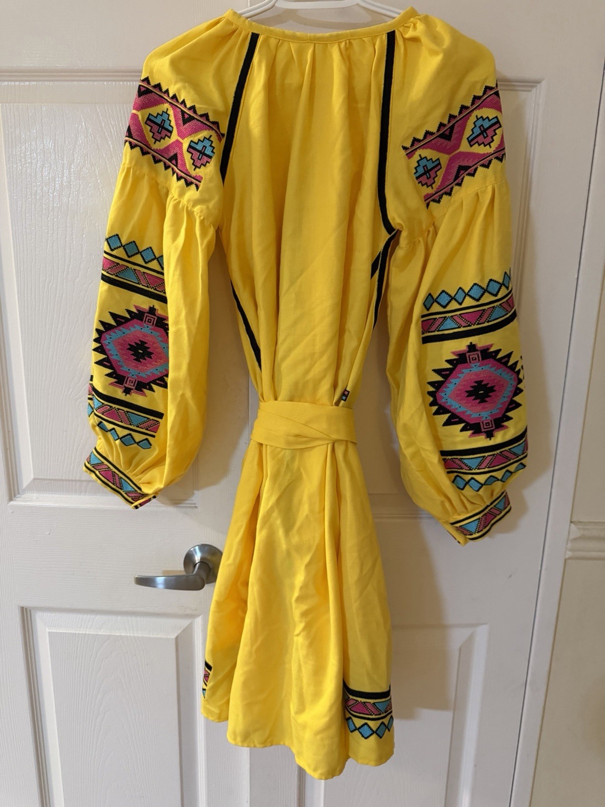 Yellow Embroidered Boho Tunic Dress with Pink & Teal Tassels