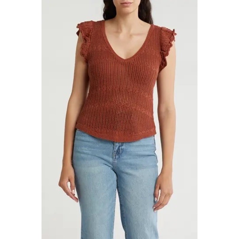 Melrose and Market Open Stitch Ruffle Sweater Size M Rust Sequoa Sheer Knitted
