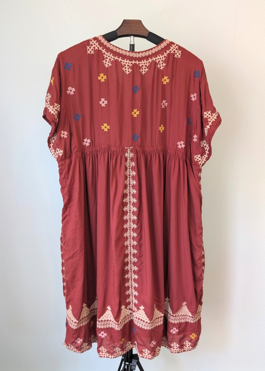 Sundance Embroidered Rust Red Tassel-Tie Dress Peasant Country Cowgirl Boho XXL