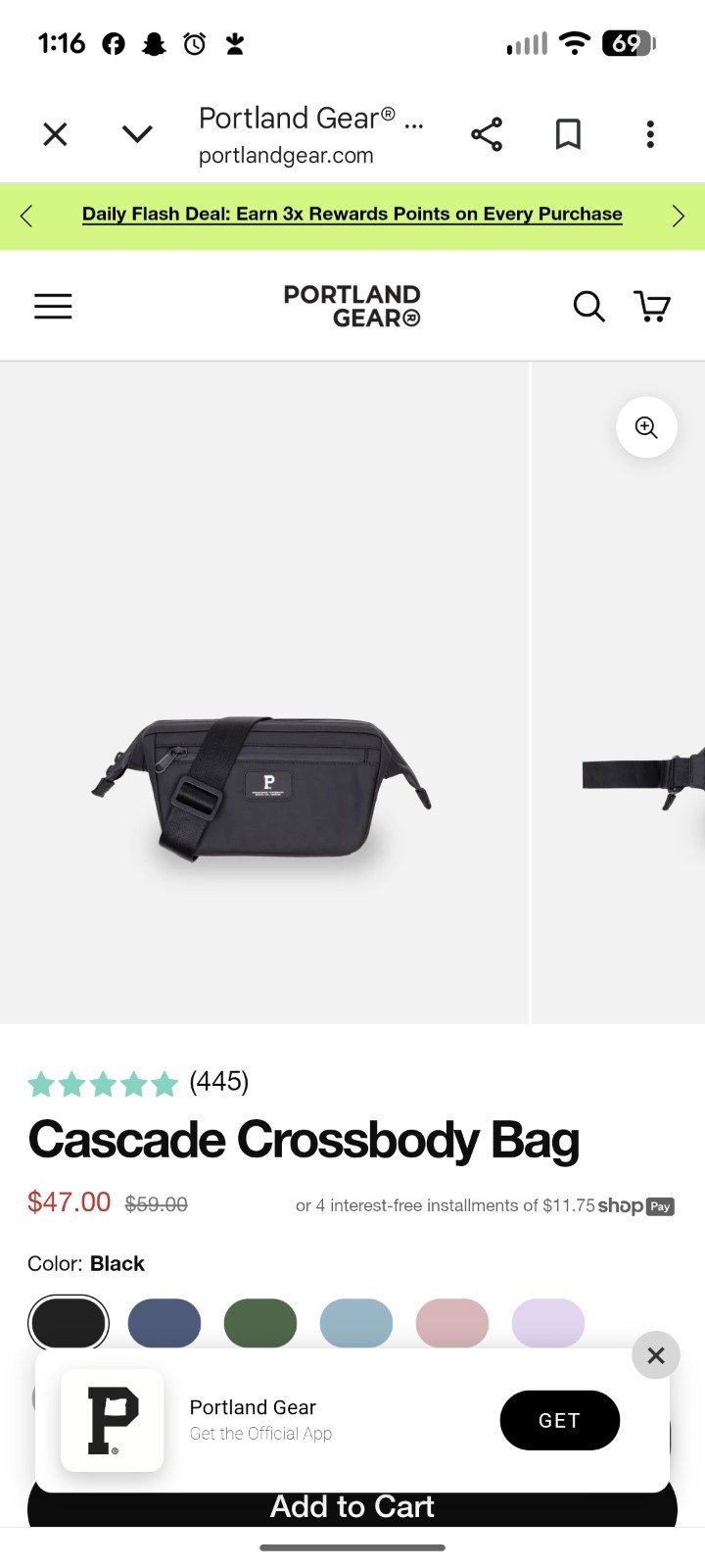 Portland Gear Water-Resistant Black Crossbody Bag Adjustable Strap Zip Unisex
