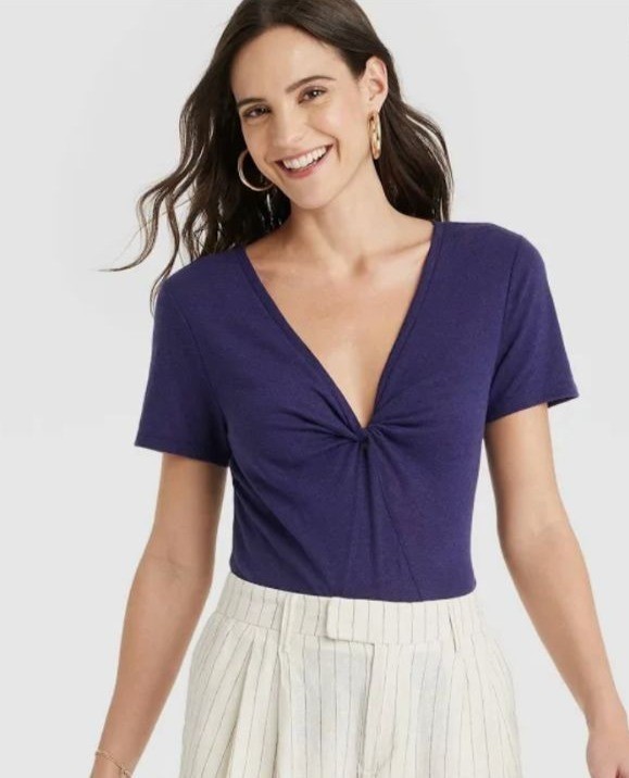 A New Day Womens Blue Linen Blend Short Sleeve V-Neck T-Shirt L NWT