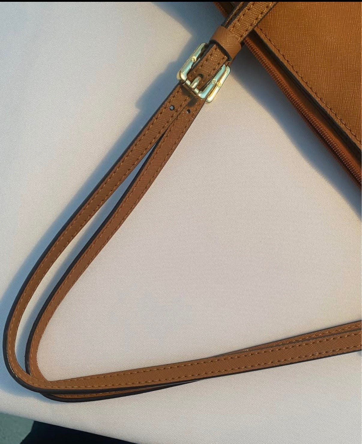 Tory Burch Brown Saffiano Leather. Large buckle tote