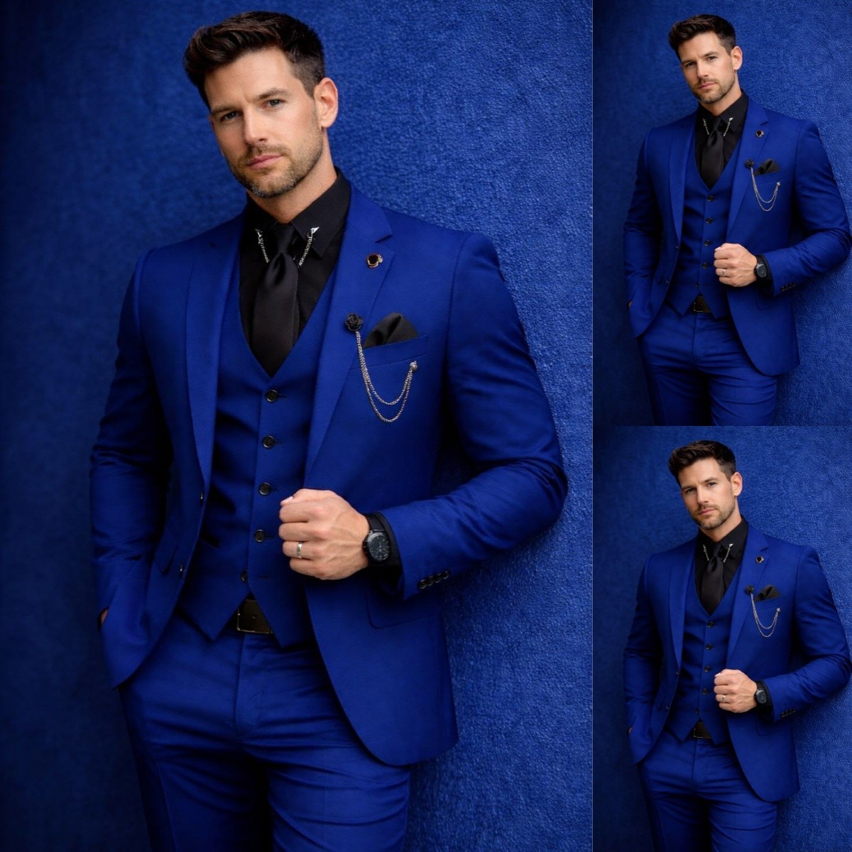 Royal Blue Men’s Suits Formal Evening Tuxedos 3PCS Jacket Noth Lapel Slim Coat